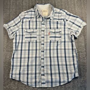 Mens Levis Western Pearl Snap Blue & Black Button Down Plaid Shirt Size XL